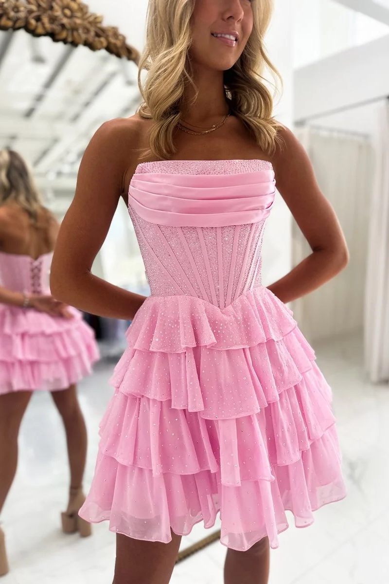 Green Strapless Corset Beaded Tiered Chiffon Short Homecoming Dress