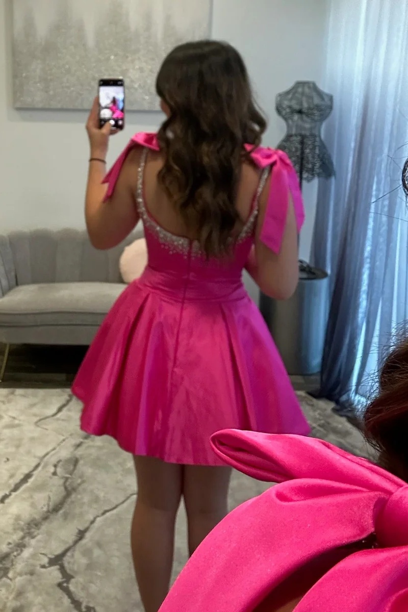 Light Green Straps Satin Beaded A-Line Short Homecoming Dress with Bow