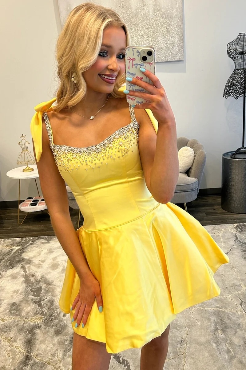 Light Green Straps Satin Beaded A-Line Short Homecoming Dress with Bow