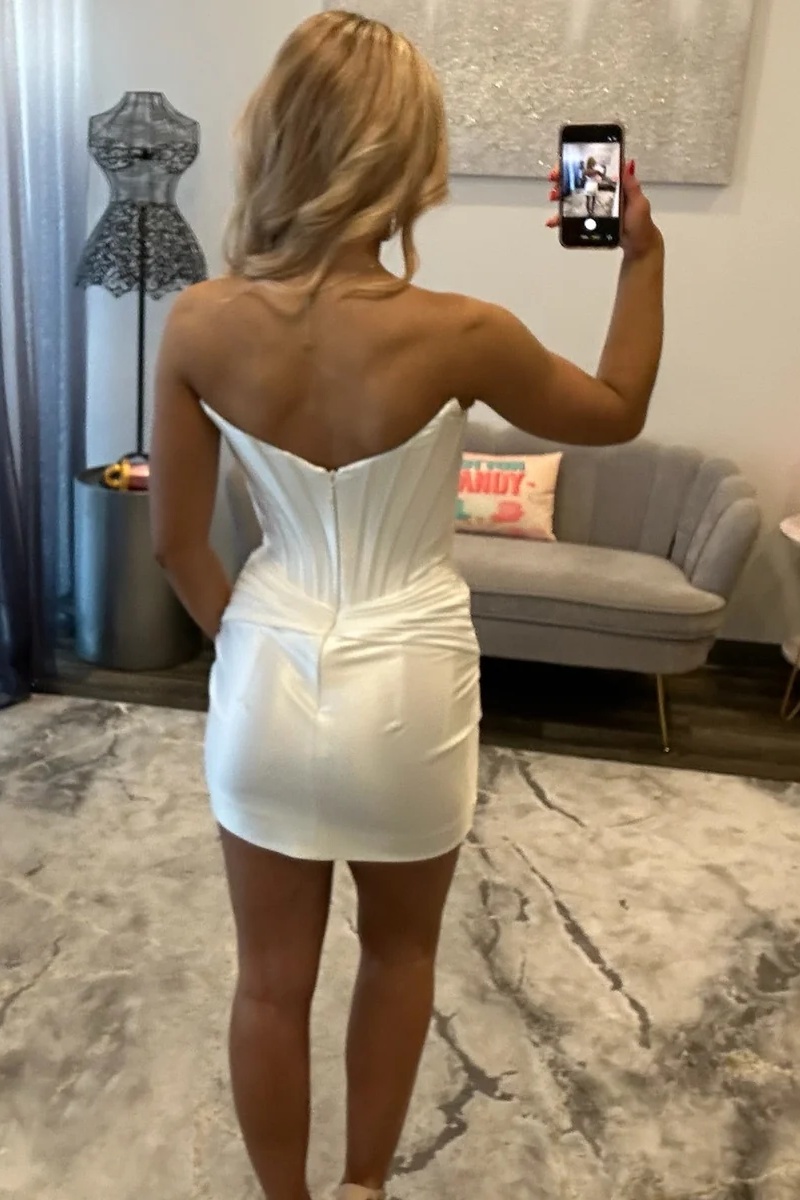 White Strapless Satin Beaded Corset Ruched Tight Short Homecoming Dress
