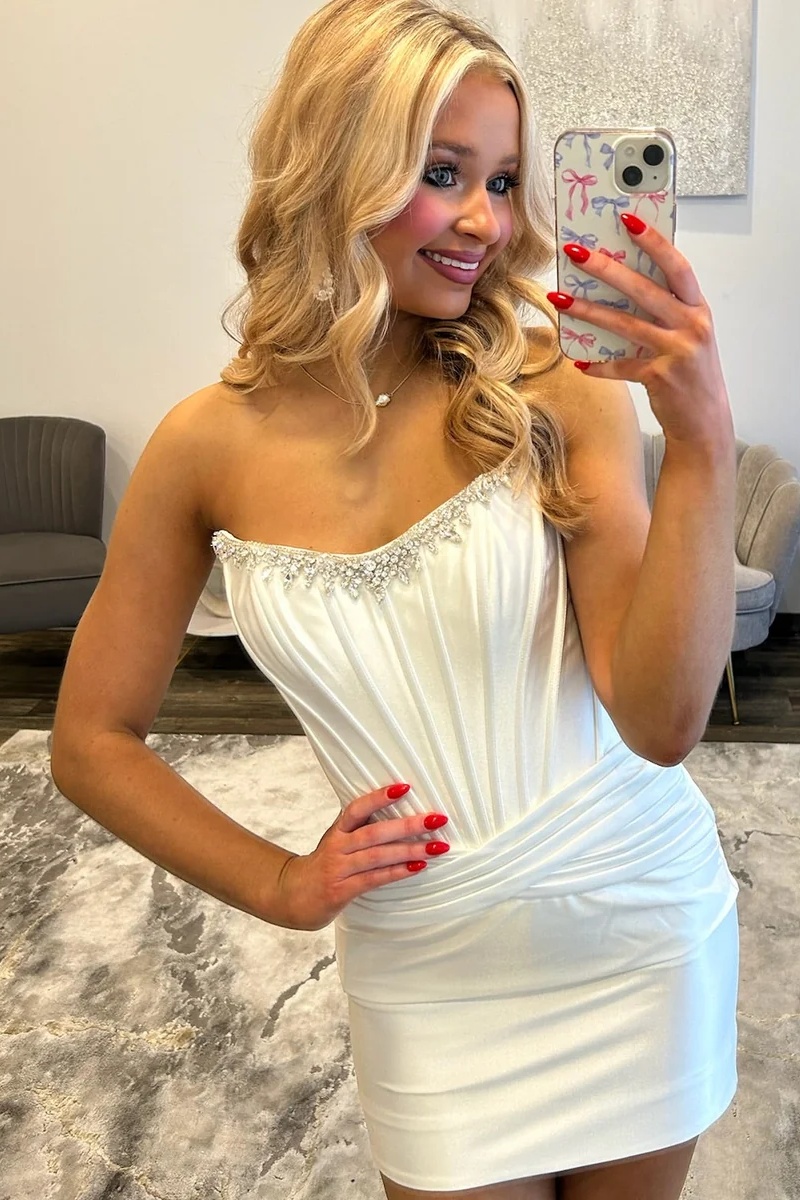 White Strapless Satin Beaded Corset Ruched Tight Short Homecoming Dress