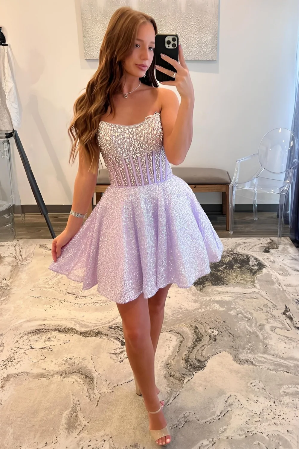 Glitter Lilac Strapless Beaded Corset A-Line Short Homecoming Dress