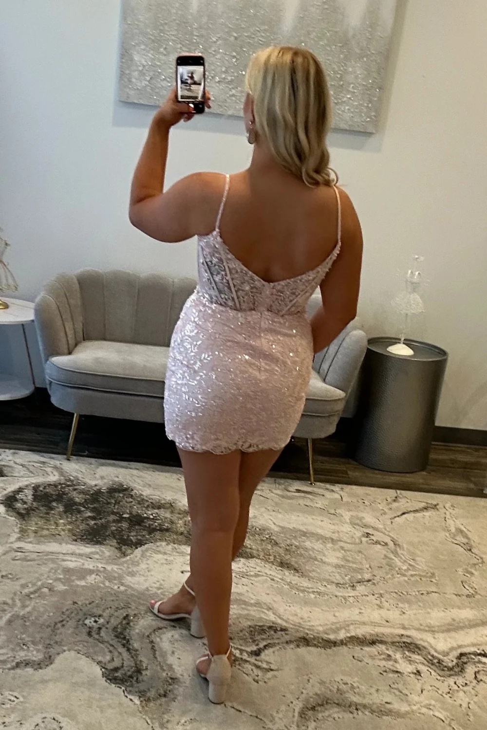 Navy Spaghetti Straps Lace Beaded Short Homecoming Dress