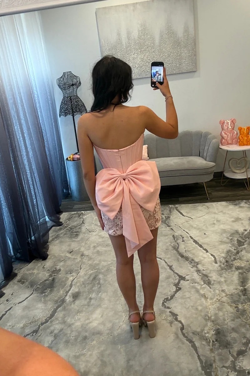 Pink Strapless Satin Corset Lace Bodycon Mini Homecoming Dress with Bow