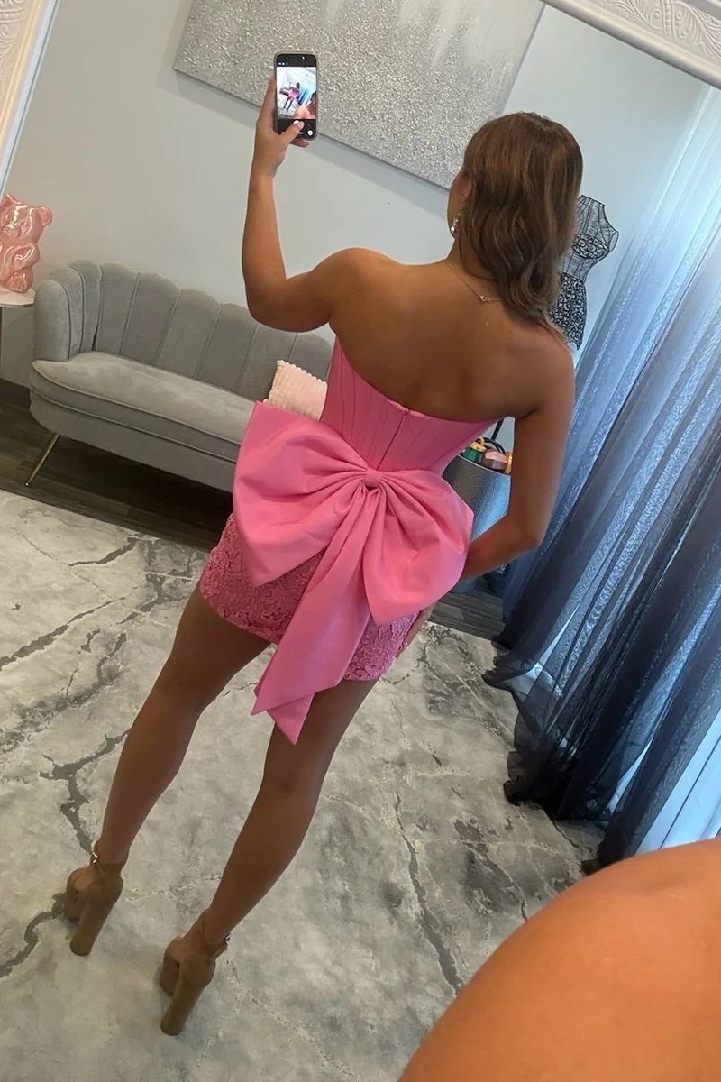 Pink Strapless Satin Corset Lace Bodycon Mini Homecoming Dress with Bow