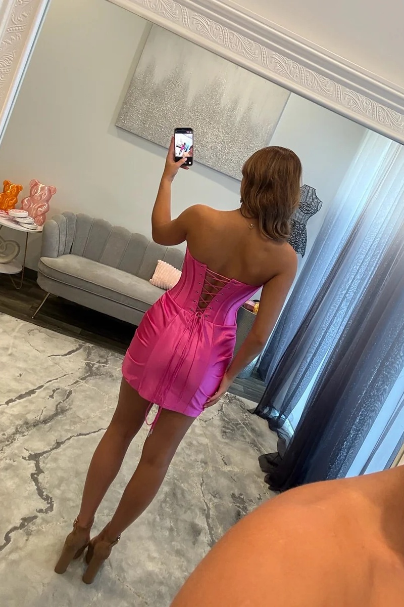 Hot Pink Sweetheart Satin Corset Bodycon Mini Homecoming Dress with Flowers