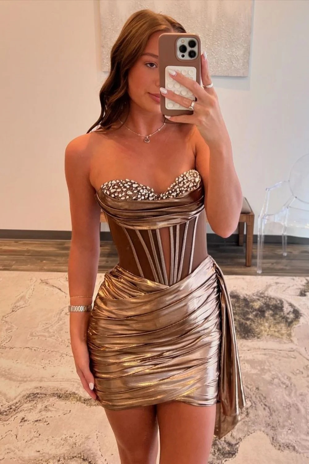 Brown Sweetheart Beaded Corset Ruched Bodycon Short Homecoming Dress