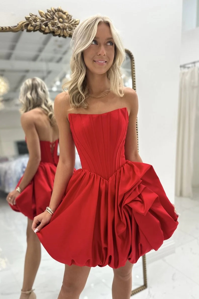 Red Strapless Satin Corset Ruched A-Line Short Homecoming Dress