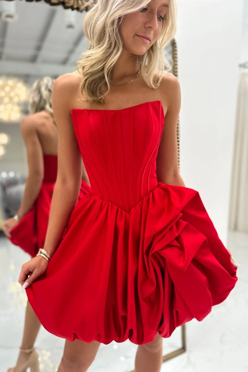 Red Strapless Satin Corset Ruched A-Line Short Homecoming Dress