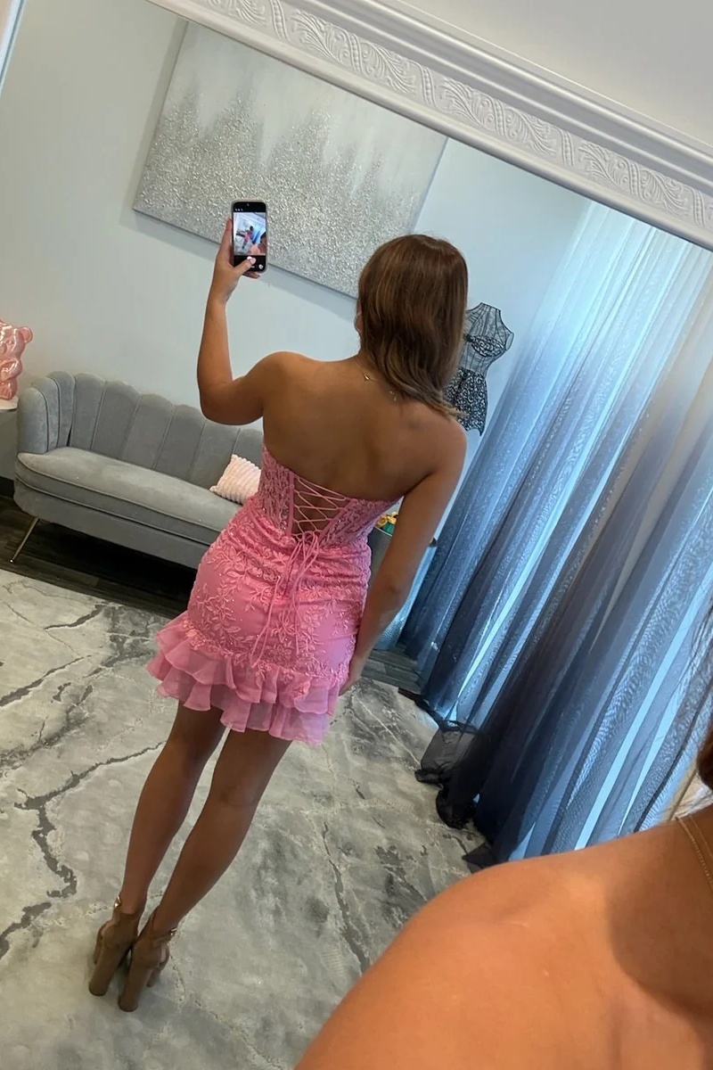 Pink Sweetheart Lace Corset Beaded Bodycon Short Homecoming Dress