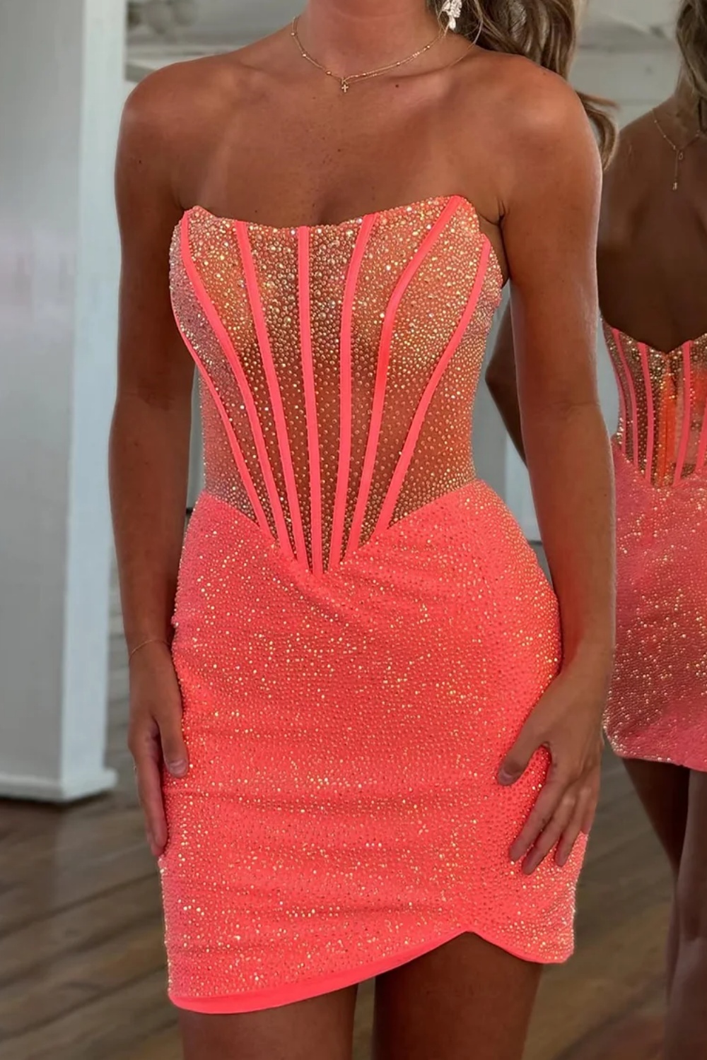 Shiny Coral Strapless Beaded Corset Bodycon Homecoming Dress