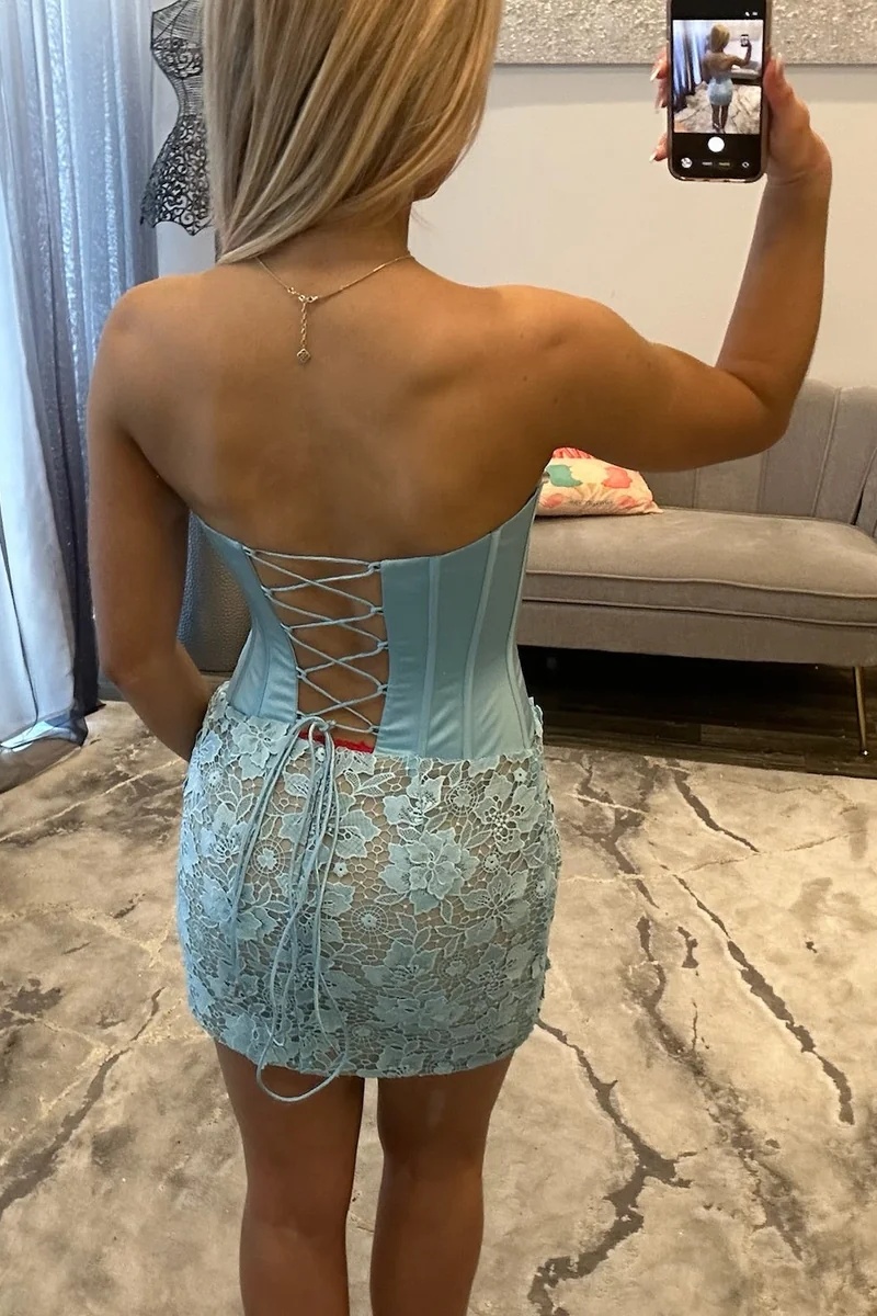 Pink Strapless Satin Corset Lace Tight Short Homecoming Dress