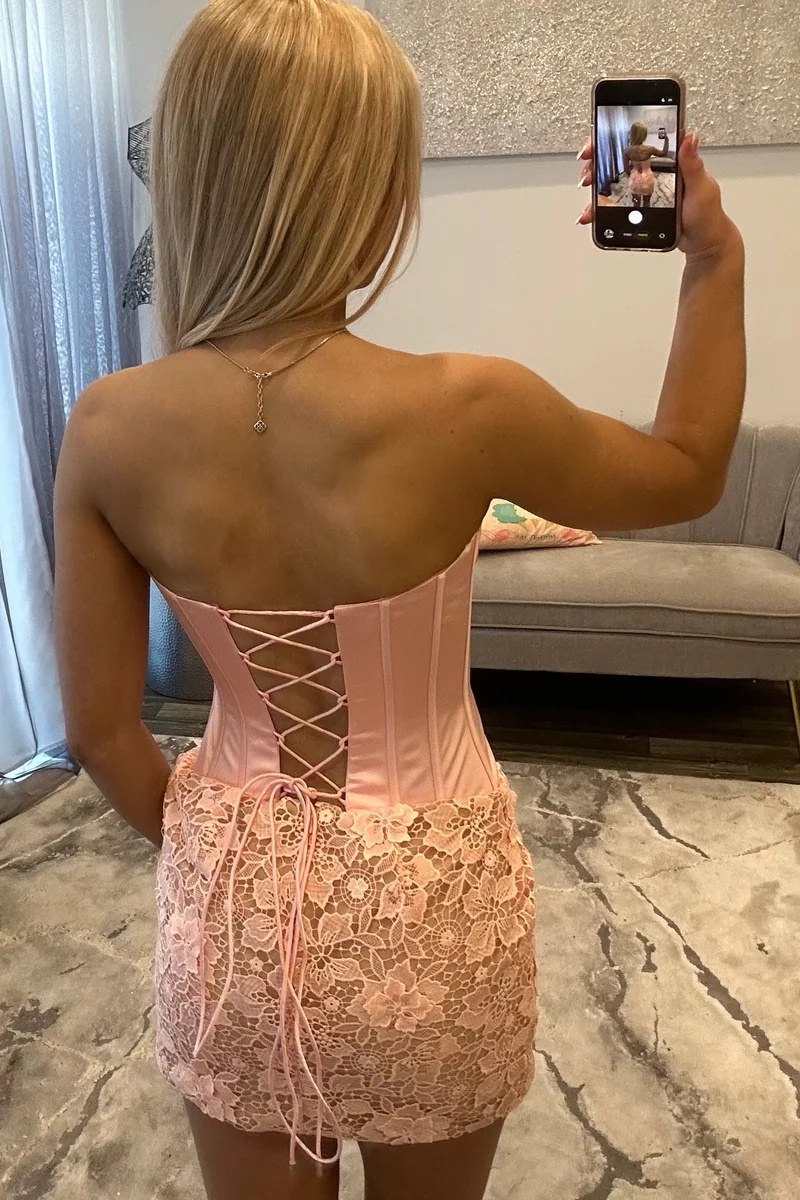 Pink Strapless Satin Corset Lace Tight Short Homecoming Dress