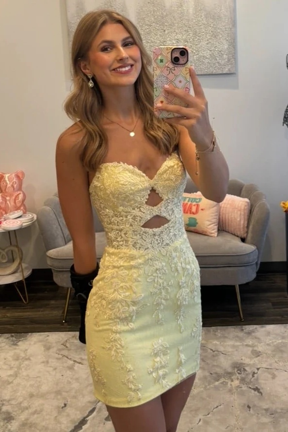 Yellow Sweetheart Lace Appliques Cutout Tight Short Homecoming Dress
