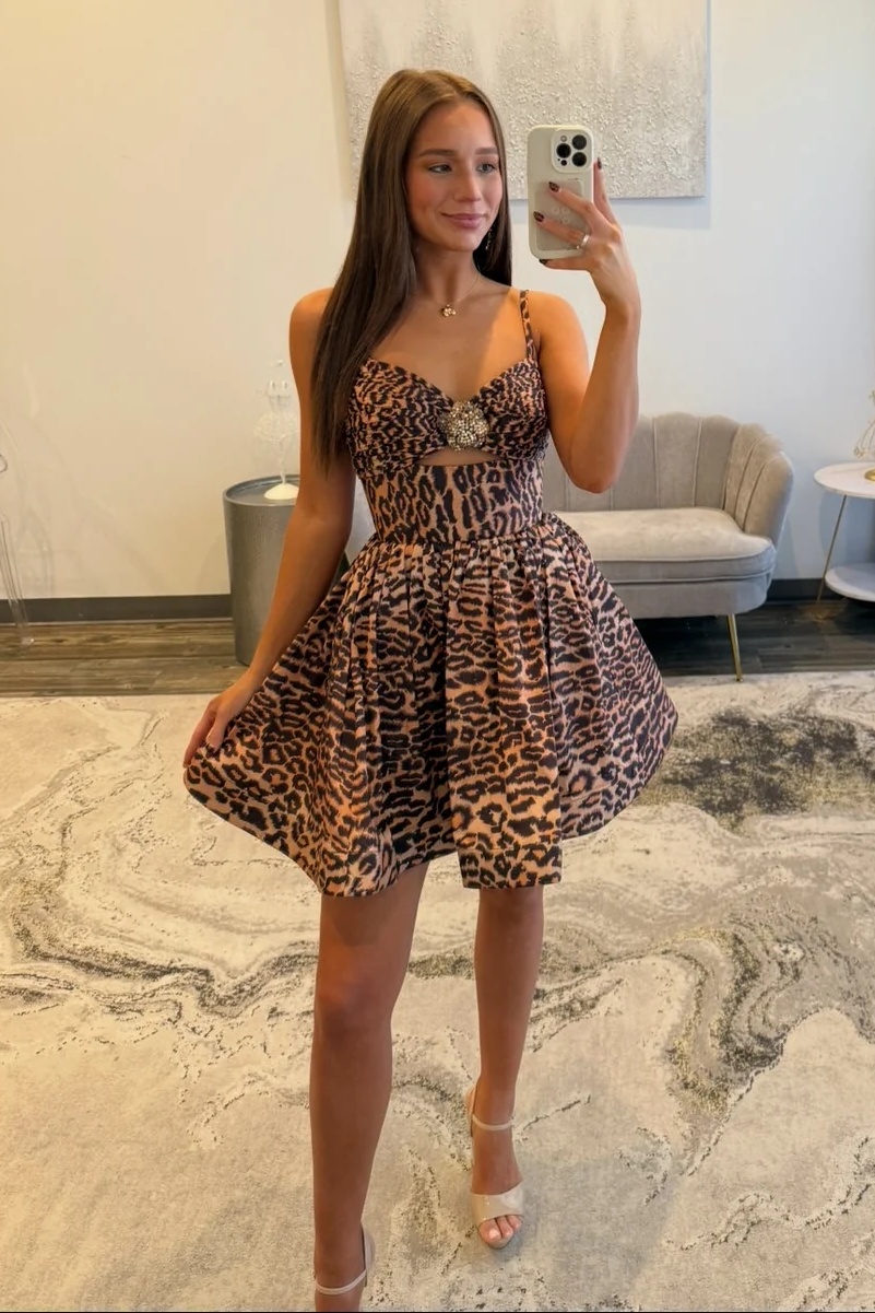 Leopard Spaghetti Straps Beaded A-Line Short Homecoming Dress