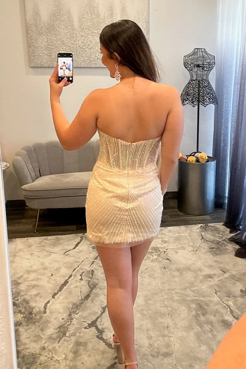 Nude Sweetheart Beaded Corset Cutout Tight Short Homecoming Dress