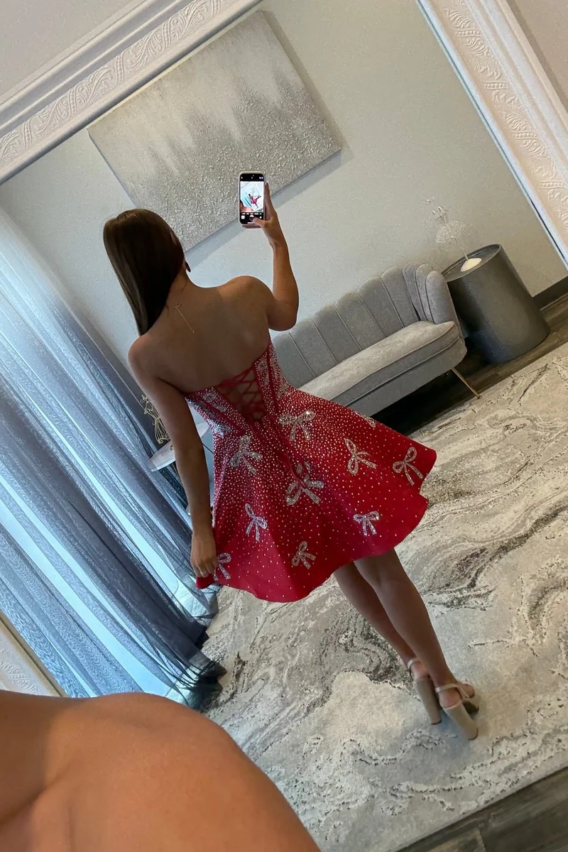 Red Sweetheart Beaded Corset Cutout A-Line Short Homecoming Dress with Bow