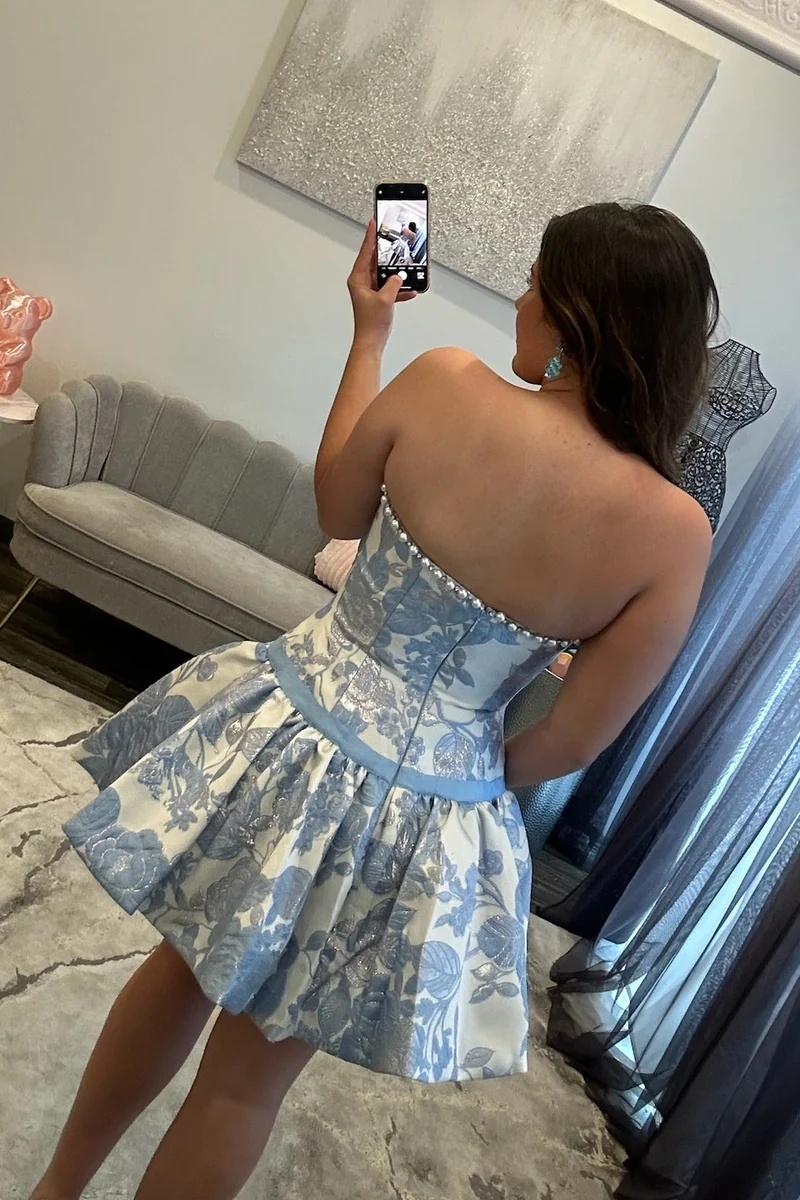 Blue Floral Strapless A-Line Mini Homecoming Dress with Pearl Trim