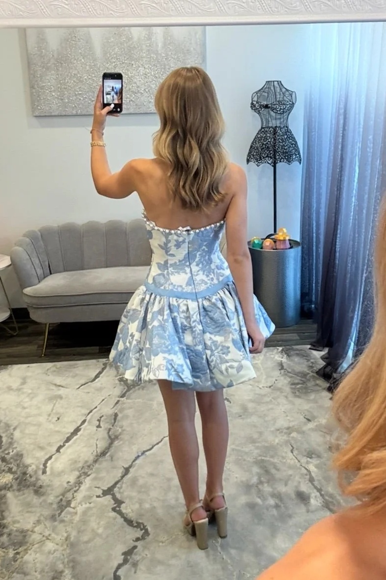 Blue Floral Strapless A-Line Mini Homecoming Dress with Pearl Trim