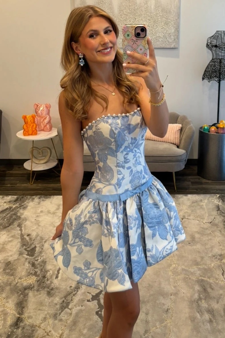 Blue Floral Strapless A-Line Mini Homecoming Dress with Pearl Trim