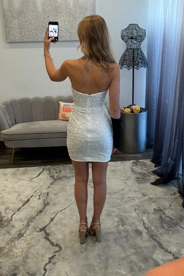 Pink Strapless Beaded Tight Short Homecoming Dress with Bow