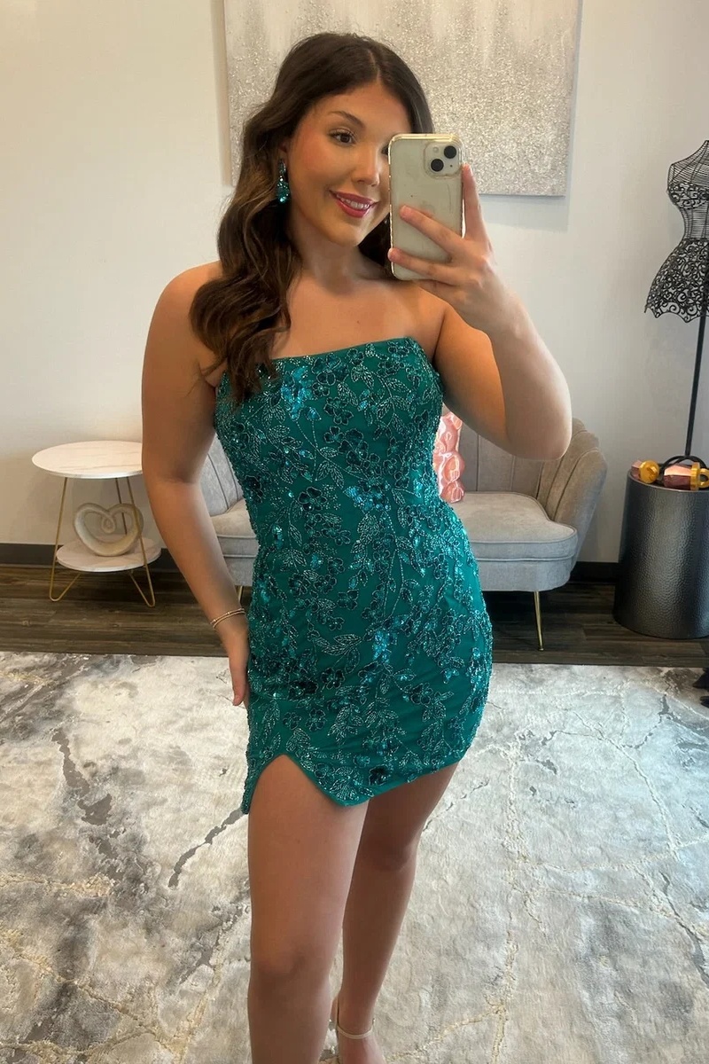 Peacock Blue Strapless Sequins Lace-up Short Homecoming Dress with Slit