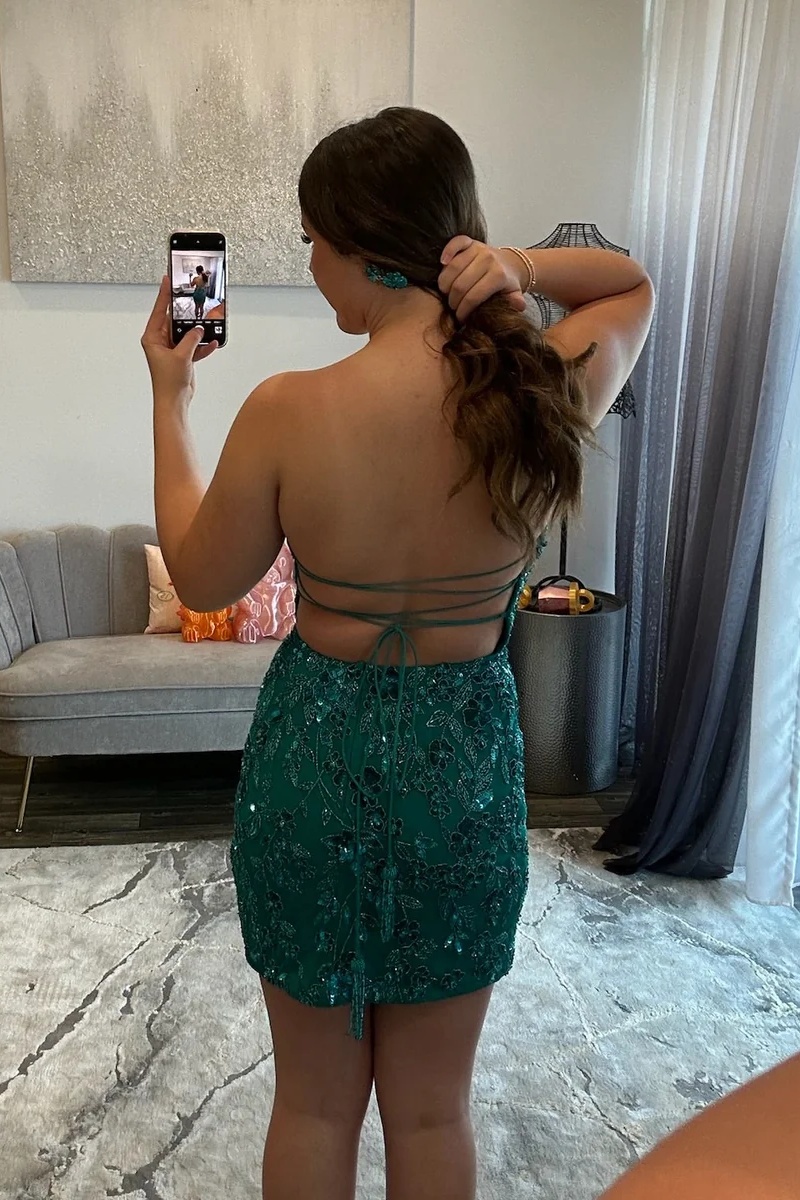 Peacock Blue Strapless Sequins Lace-up Short Homecoming Dress with Slit