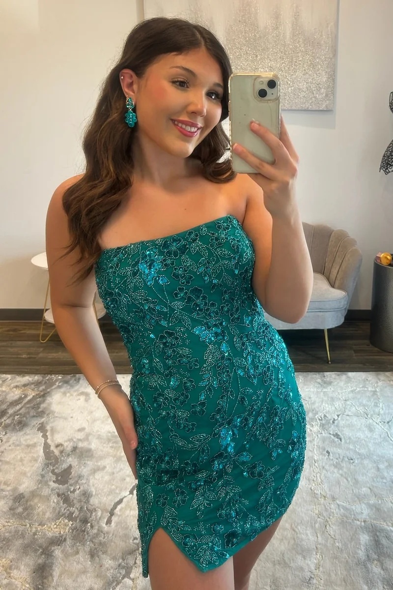 Peacock Blue Strapless Sequins Lace-up Short Homecoming Dress with Slit