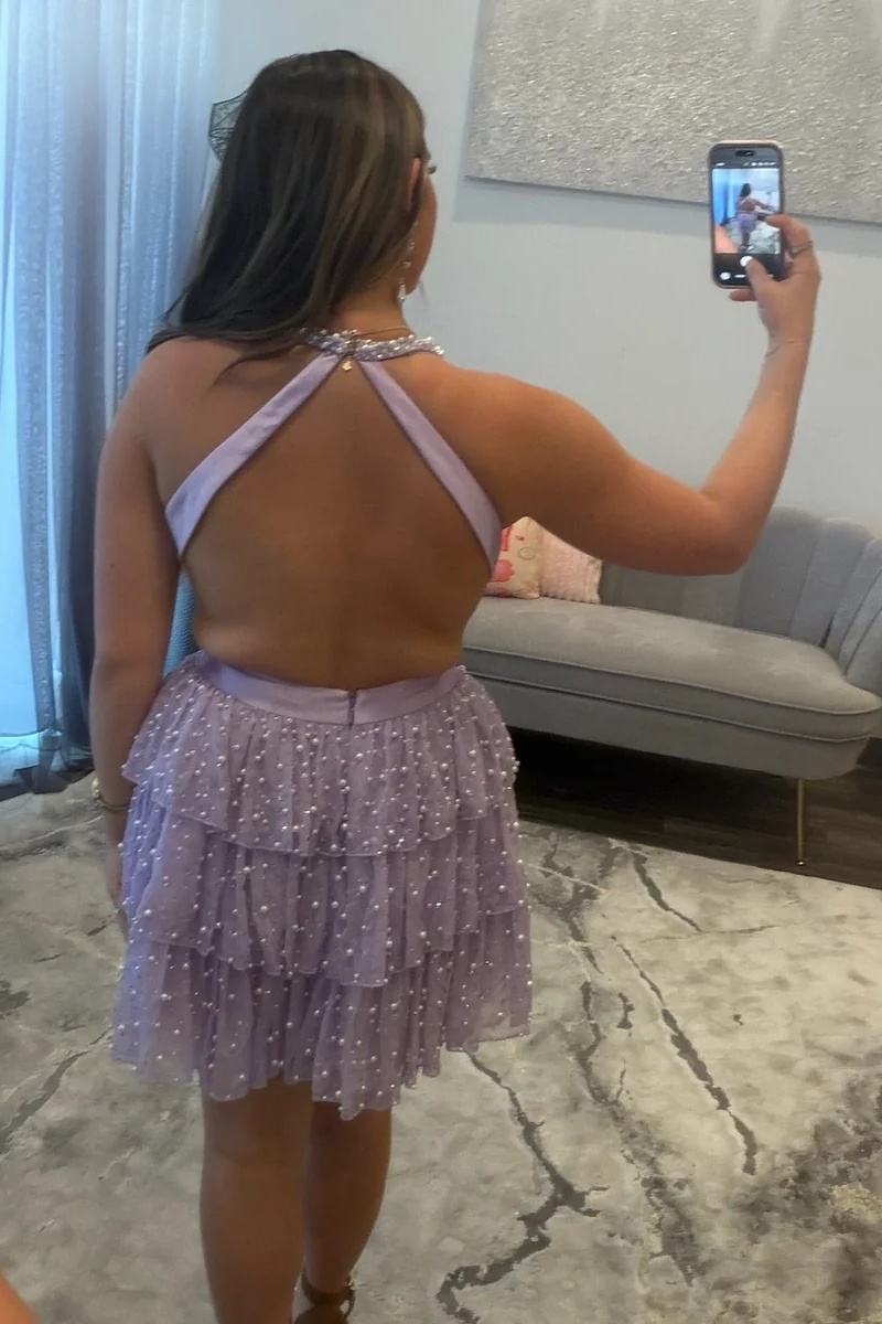 Pink V-Neck Halter Satin Beaded A-Line Short Homecoming Dress with Bow