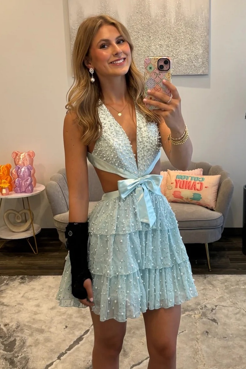 Pink V-Neck Halter Satin Beaded A-Line Short Homecoming Dress with Bow