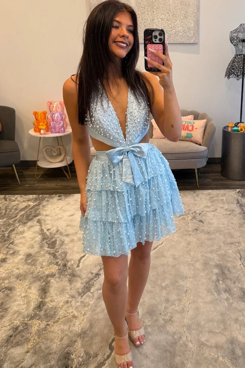 Pink V-Neck Halter Satin Beaded A-Line Short Homecoming Dress with Bow