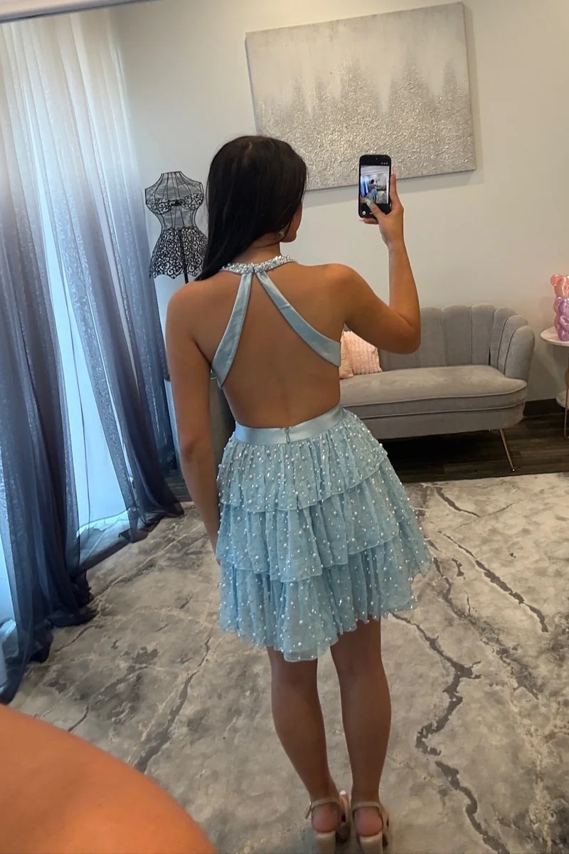 Pink V-Neck Halter Satin Beaded A-Line Short Homecoming Dress with Bow