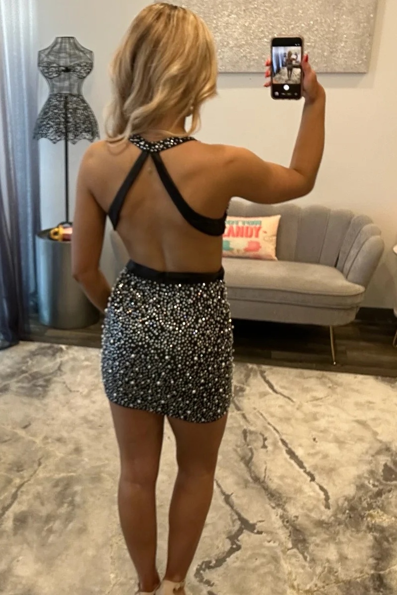 Black V-Neck Halter Beaded Tight Short Homecoming Dress with Bow
