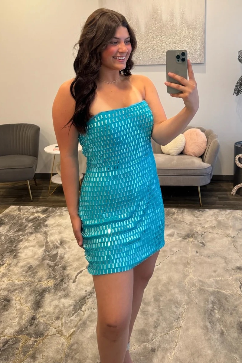 Sparkly Blue Strapless Beaded Sleeveless Tight Short Homecoming Dress