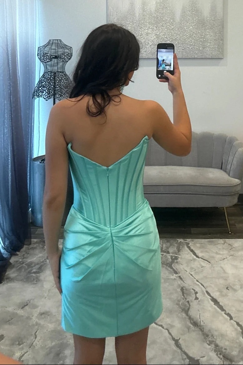 Black Strapless Satin Beaded Tight Short Homecoming Dress