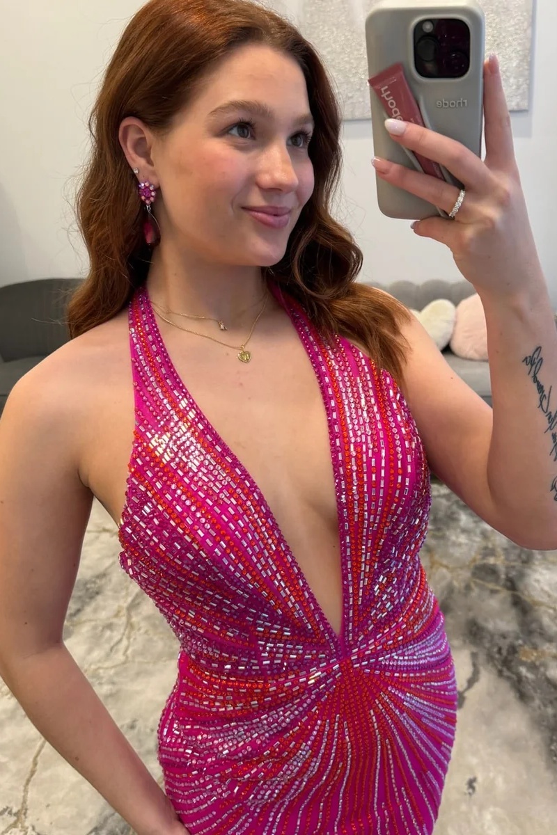 Royal Blue V-Neck Halter Beaded Tight Short Homecoming Dress