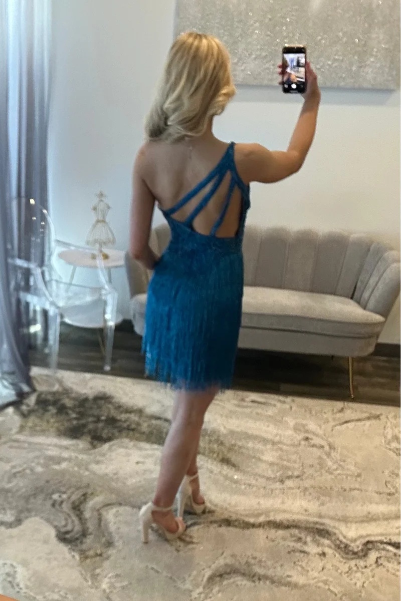 Red One-Shoulder Beaded Fringe Tight Short Homecoming Dress