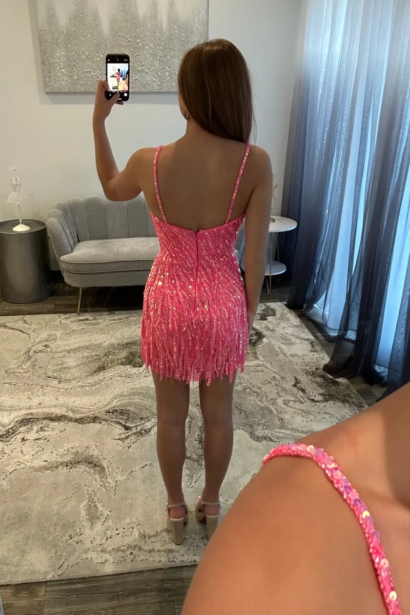 [Copy]Red One-Shoulder Beaded Fringe Tight Short Homecoming Dress