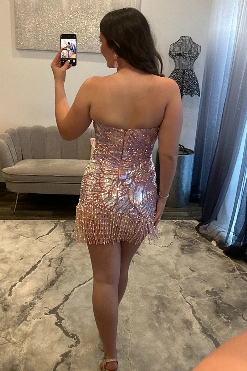 Sparkly Pink Sequins Strapless Beaded Fringe Tight Short Homecoming Dress