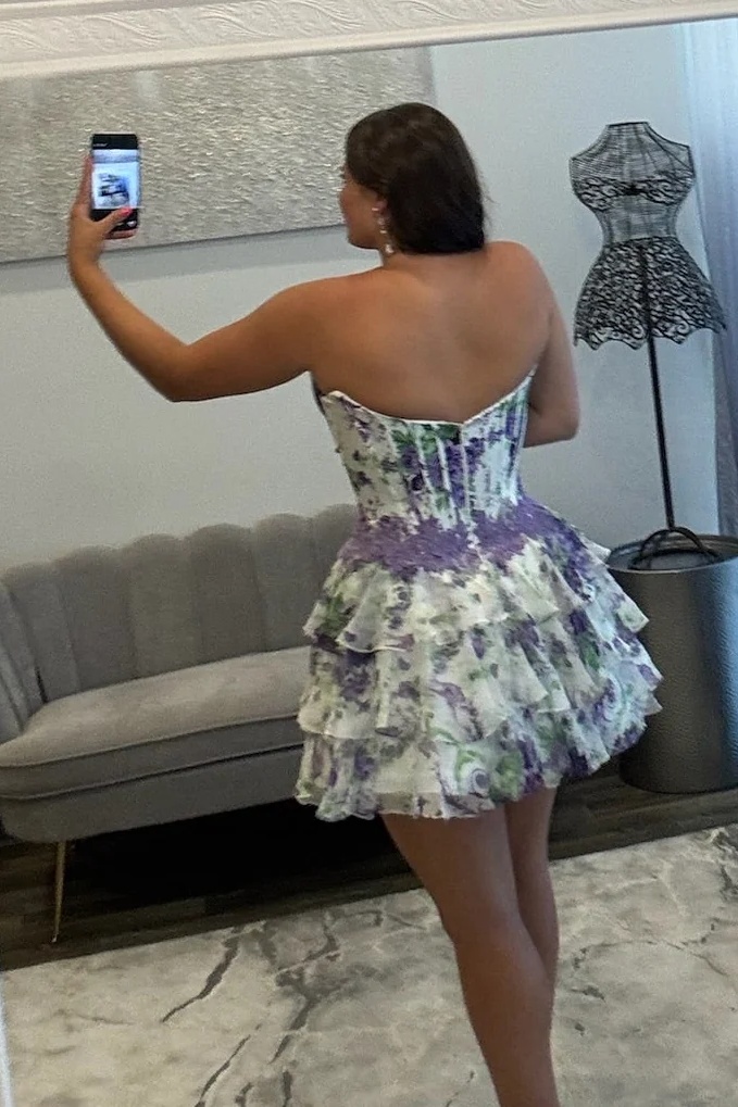 Pink Floral Sweetheart Corset Ruffles A-Line Short Homecoming Dress with Lace Appliques