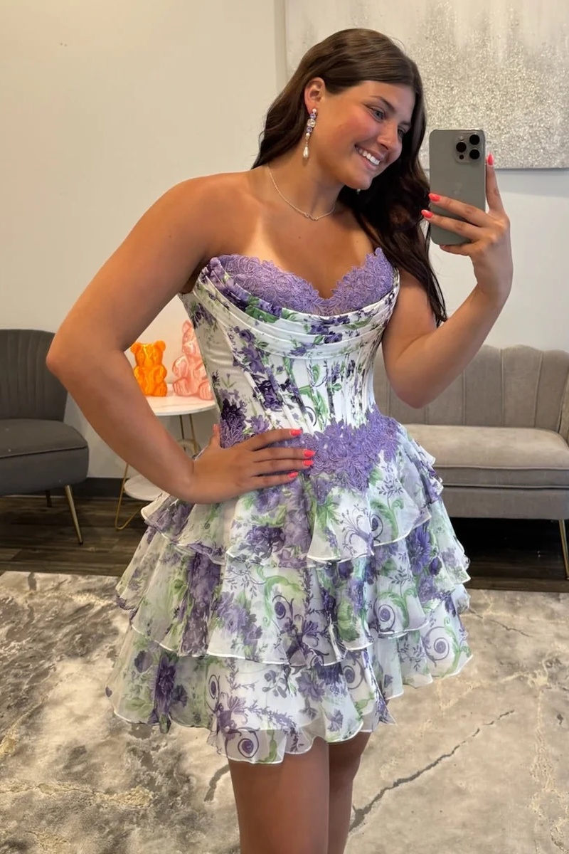 Pink Floral Sweetheart Corset Ruffles A-Line Short Homecoming Dress with Lace Appliques