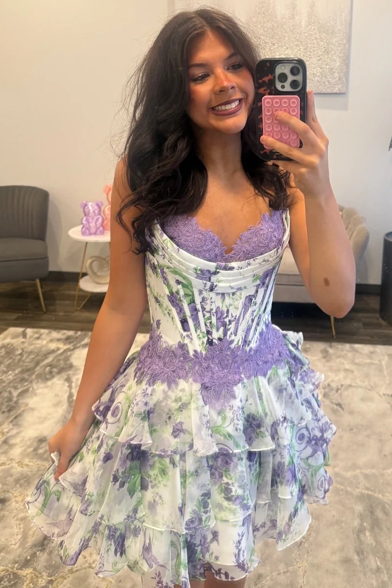 Pink Floral Sweetheart Corset Ruffles A-Line Short Homecoming Dress with Lace Appliques