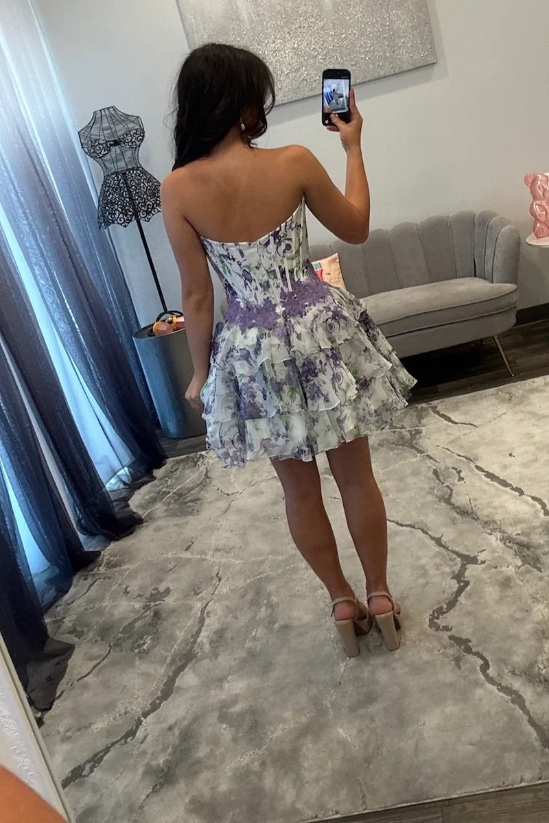 Pink Floral Sweetheart Corset Ruffles A-Line Short Homecoming Dress with Lace Appliques