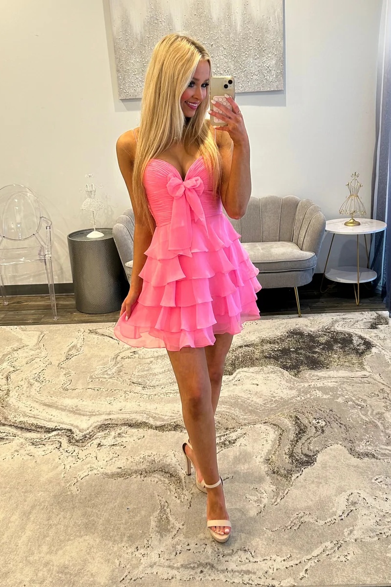 Blue Spaghetti Straps Chiffon Ruffles A-Line Short Homecoming Dress with Bow