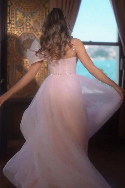 Asymmetric Aline Evening Dress Tulle Front Split Prom Dress Long with Beadings