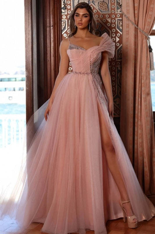 Asymmetric Aline Evening Dress Tulle Front Split Prom Dress Long with Beadings