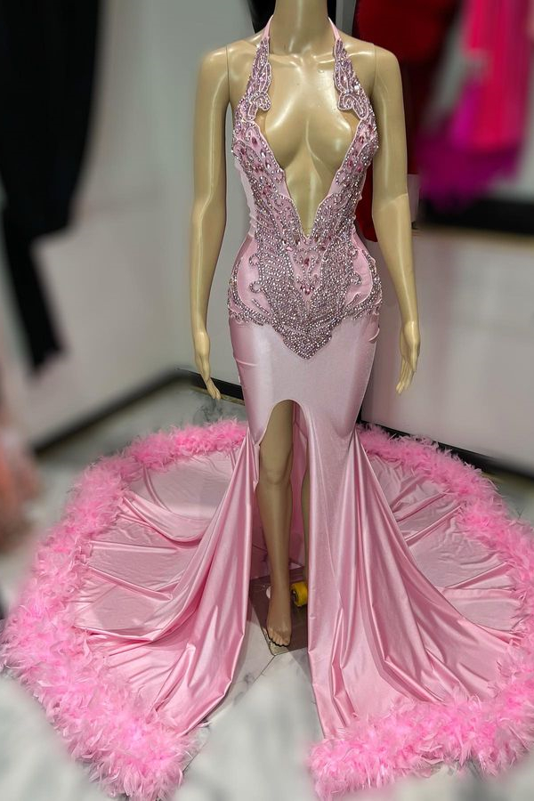 Halter Sequined High split Beaded Mermaid Feather Prom Dresses