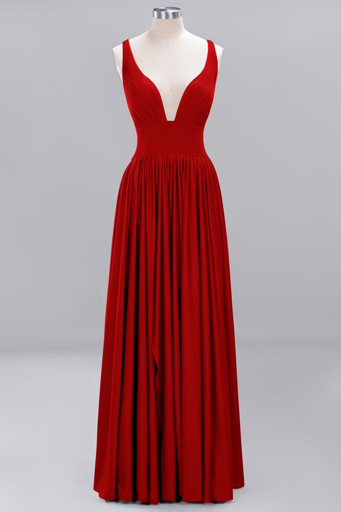 A-Line Jersey V-Neck Sleeveless Long Bridesmaid with Ruffles