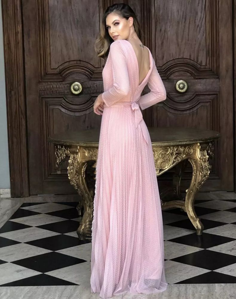 Simple Pink long sleeves vneck column Prom dress