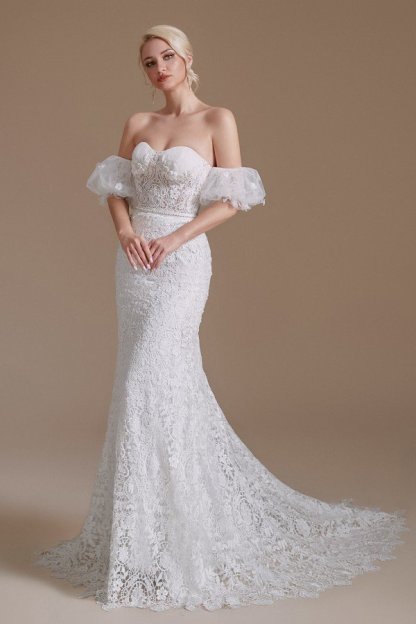 Romantic Off-the-Shoulder Sweetheart Mermaid Bridal Dress Floral lace Wedding Dress